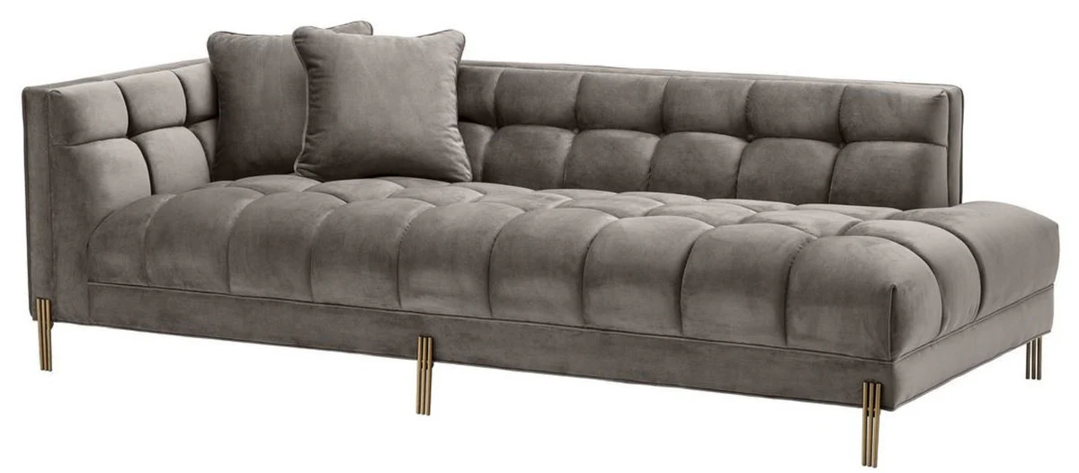 Luxury lounge sofa gray - greige / brass colored 223 x 95 x H. 68 cm - left-side living room sofa with elegant velvet fabric and 2 cushions