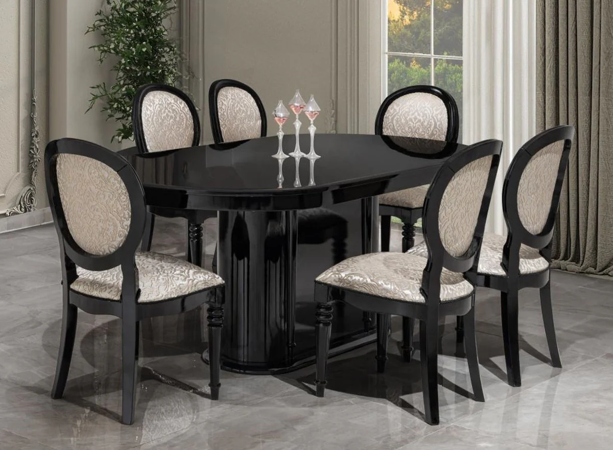 Luxury Baroque Dining Room Set Silver / Black - 1 Dining Table & 6 Dining Chairs
