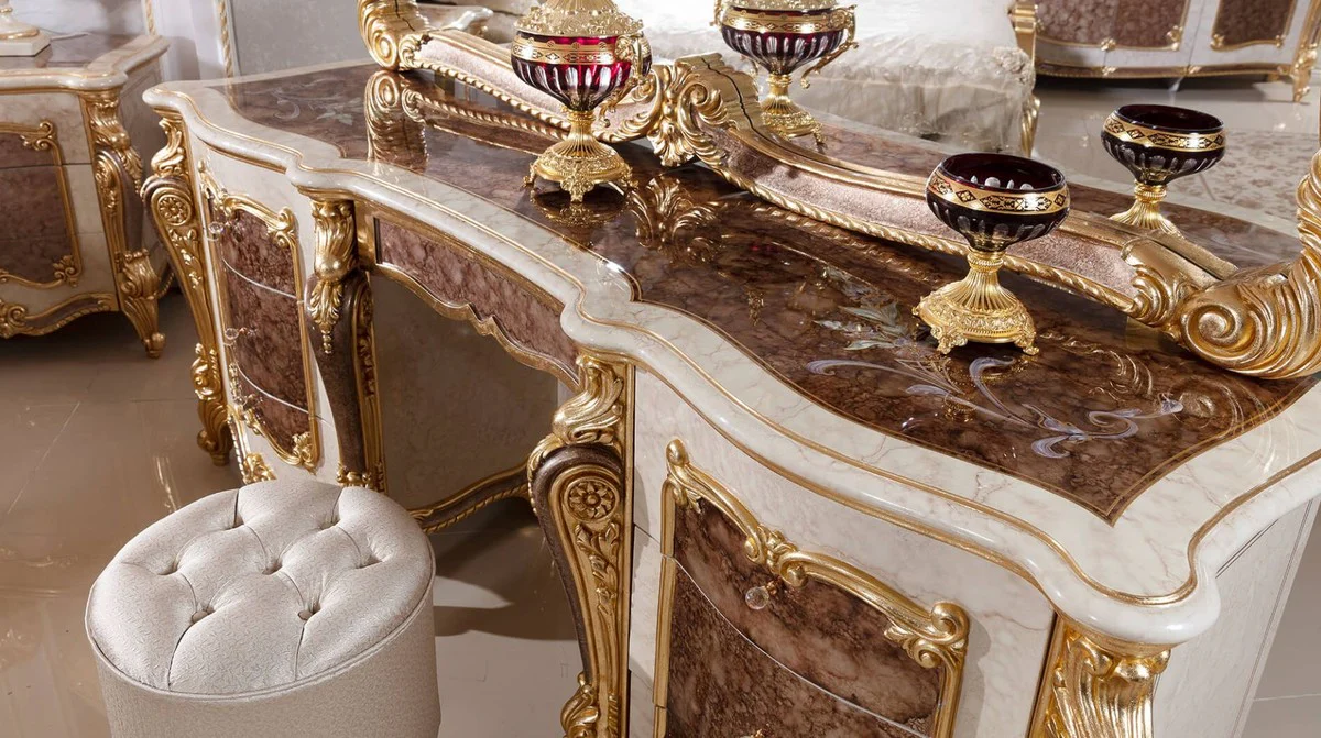 Luxury Baroque Bedroom Set White / Brown / Gold / Silver - 1 Baroque Dressing Table & 1 Baroque Mirror & 1 Baroque Stool - Baroque Bedroom Furniture - Noble & Magnificent