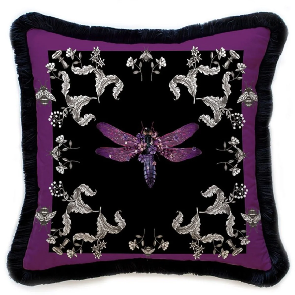 Luxury decorative cushion dragonfly & flowers purple / gray / black 45 x 45 cm - printed velvet cushion with fringes - luxury decorative accessories