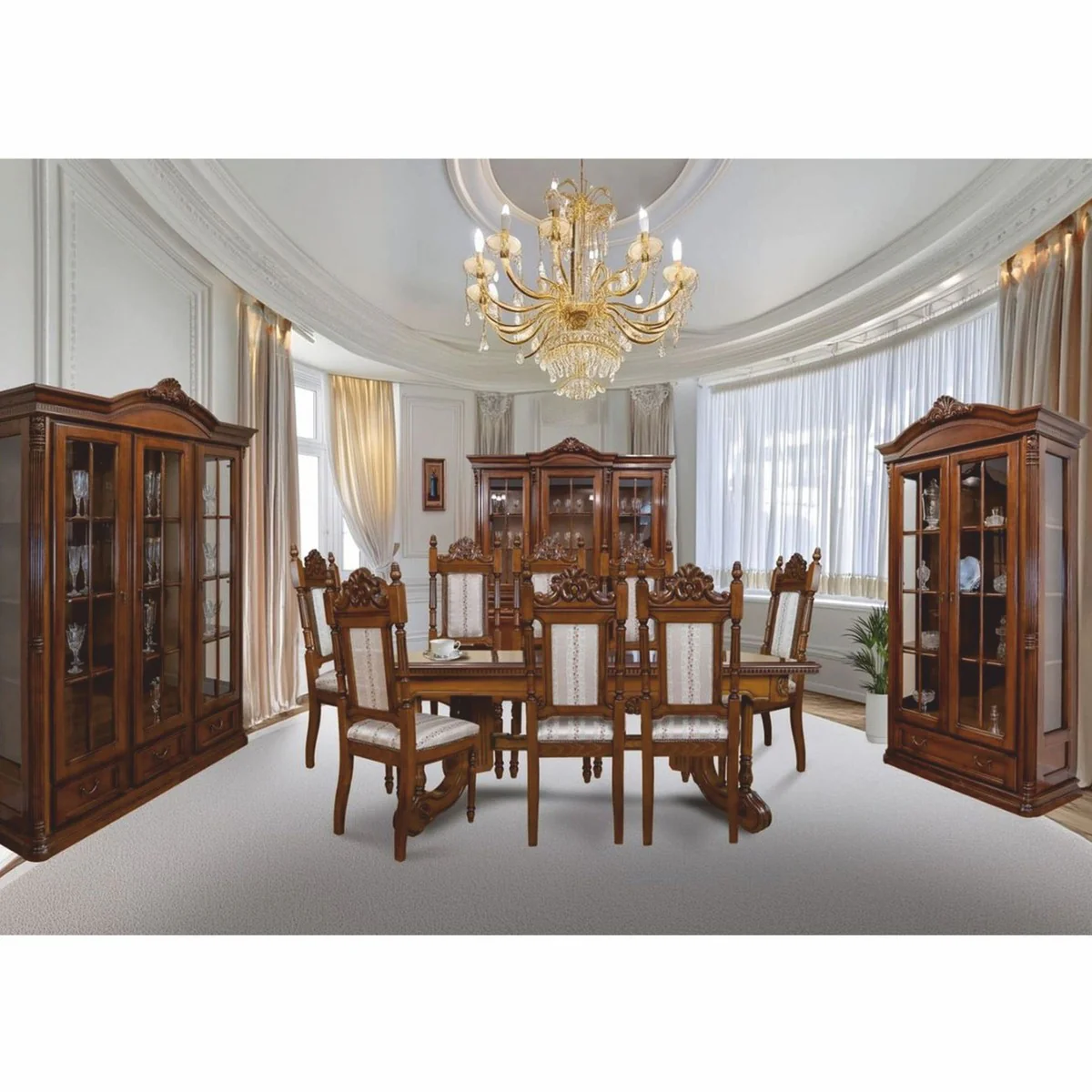 Luxury Baroque Dining Room Set Brown / Silver - 1 extendable dining table & 8 chairs
