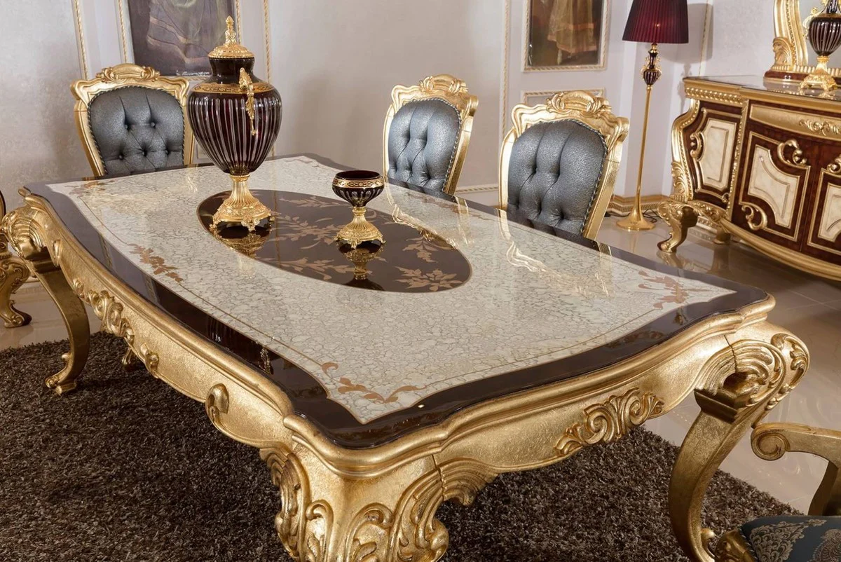 Luxury baroque dining table white / brown / gold - magnificent solid wood dining room table in baroque style - magnificent baroque dining room furniture