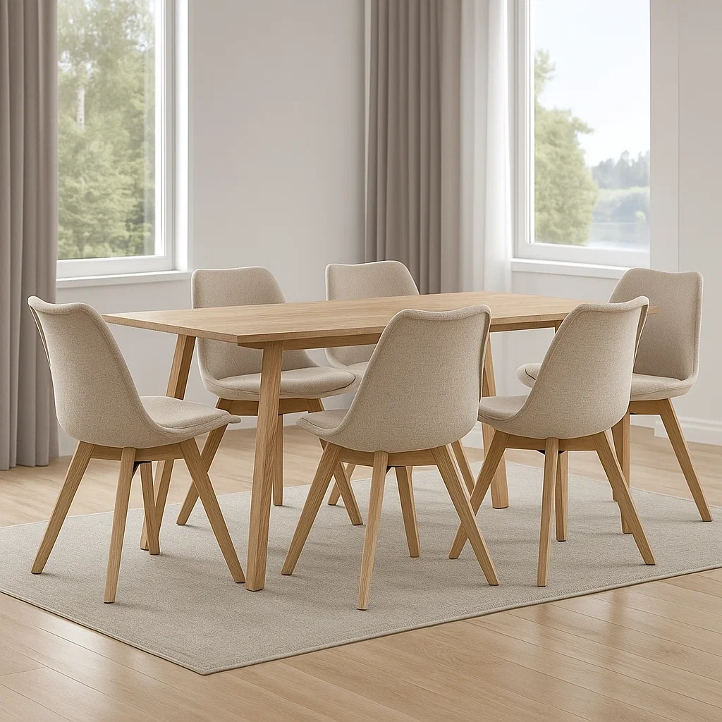 Essgruppe für 6 Personen, aus Holz und Stoff, beige, rechteckig, einfach zu montieren, Tischgröße 180 x 90 x 75 cm, Stuhlgröße 45 x 45 x 85 cm, für den Einsatz im Esszimmer - Kr7sIeMDmWhe