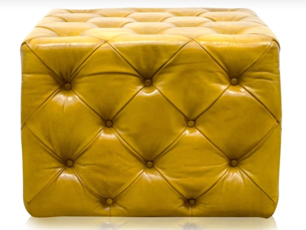 Luxury genuine leather footstool vintage yellow 64 x 64 x H. 46 cm - Chesterfield Furniture