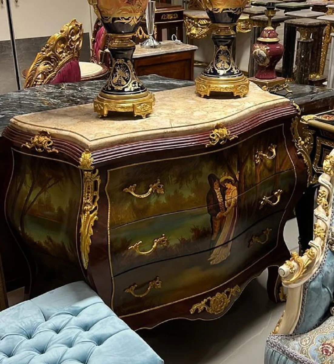 Baroque chest of drawers brown / gold / multicolor / cream - Handmade chest of drawers with 3 drawers and marble top - Baroque furniture