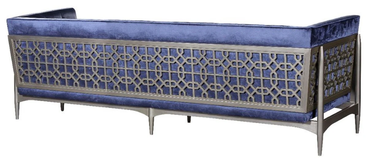 Luxury Art Deco 3-seater sofa blue / gray 250 x 76 x H. 83 cm - Elegant velvet sofa with mahogany frame - Art Deco living room furniture