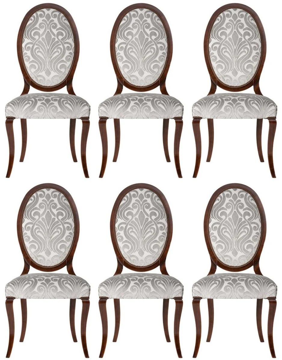 Luxury Art Nouveau dining chair set of 6 silver / dark brown 51 x 48 x H. 106 cm - Elegant kitchen chairs with pattern - Baroque & Art Nouveau dining room furniture - Luxury quality