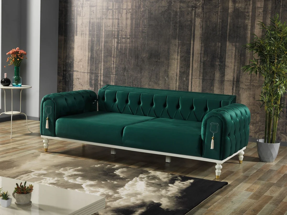 Luxury Chesterfield sofa bed green / white / gold 230 x 95 x H. 83 cm - Living room sofa with 3 cushions - Luxury living room furniture