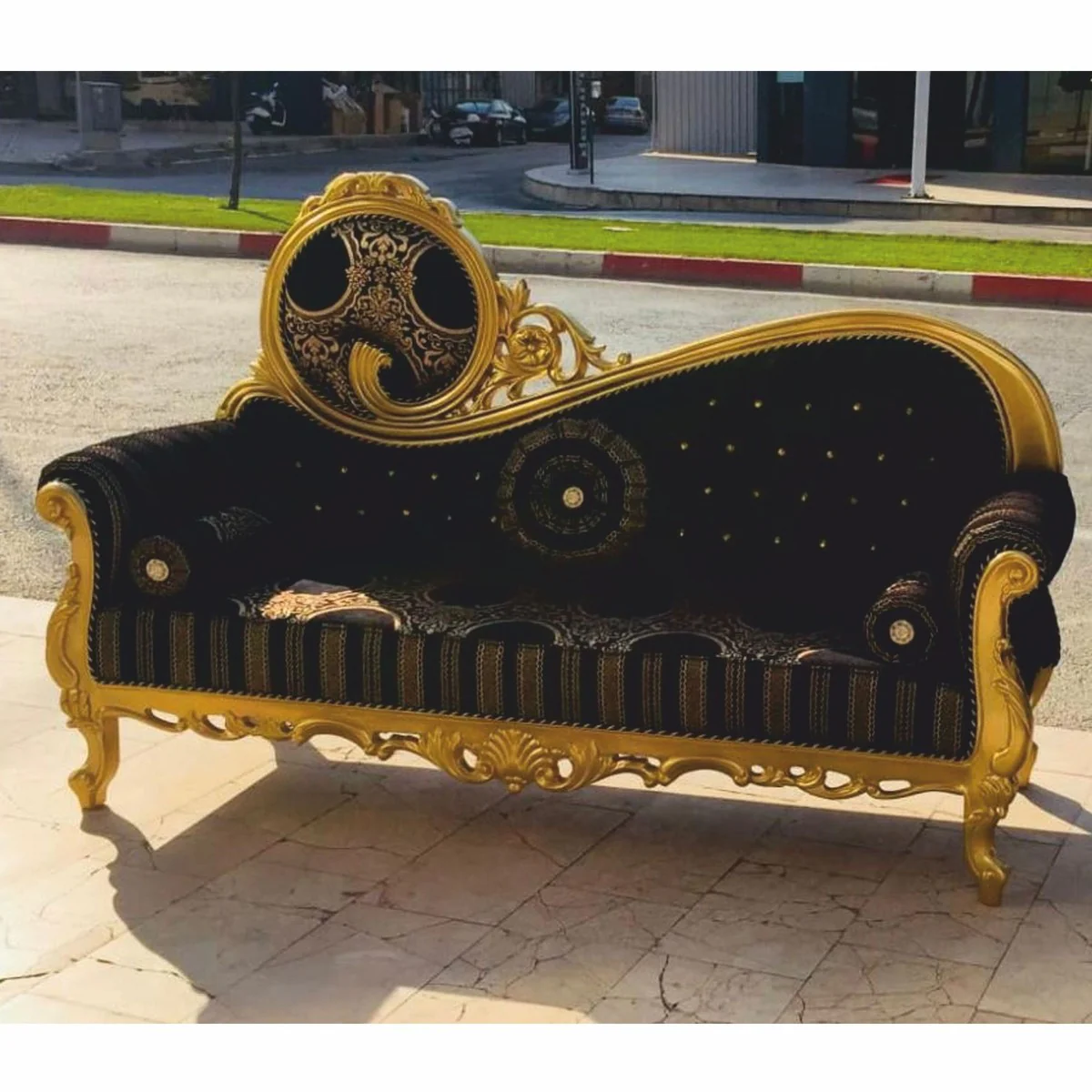 Luxury Baroque living room sofa with glittering stones black / gold 220 cm - Baroque furniture