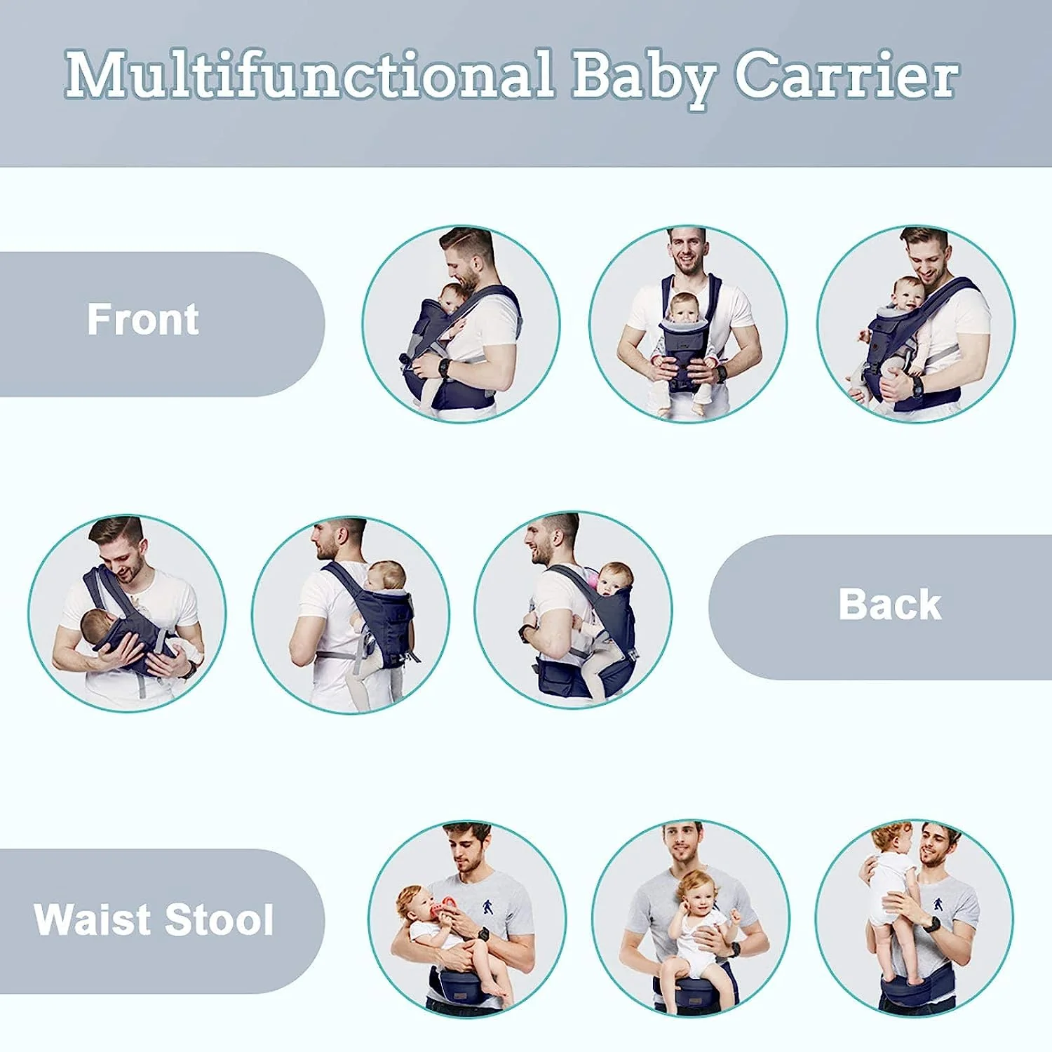 Baby – Tragehilfe, 6-in-1-Babytrage mit Taillenhocker, Babytrage mit Hüftsitz zum Stillen, Einheitsgröße – passend für Neugeborene, Säuglinge und Kleinkinder (blau)