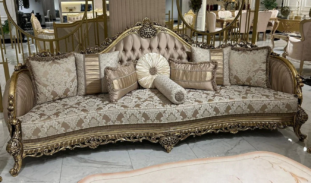 Luxury Baroque Sofa Brown / White / Gold - Handmade living room sofa with elegant pattern and decorative pillows - Magnificent living room furniture in baroque style