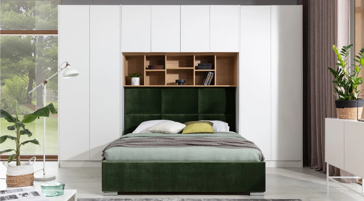 Luxury bedroom furniture set matt white / natural / green / silver - double bed with bedroom wardrobe - hotel furniture - bedroom furniture - luxury furniture - luxury furnishings