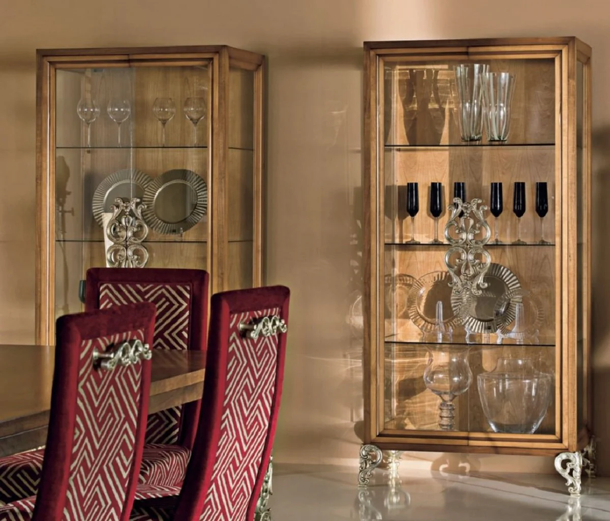 Luxury Baroque Dining Room Set Brown / Bordeaux Red / Antique Silver - 1 Baroque Dining Table & 6 Baroque Dining Chairs - Luxury Dining Room Furniture in Baroque Style - Luxury Quality - Made in Italy