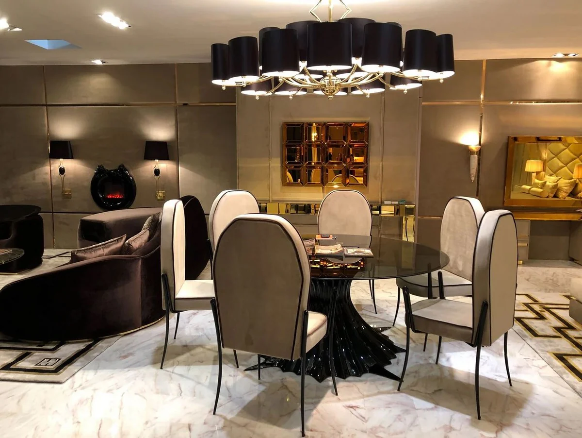 Luxury designer dining table high gloss black / black Ø 180 x H. 78 cm - Handmade dining room table with round glass top - Luxury dining room furniture - Luxury quality