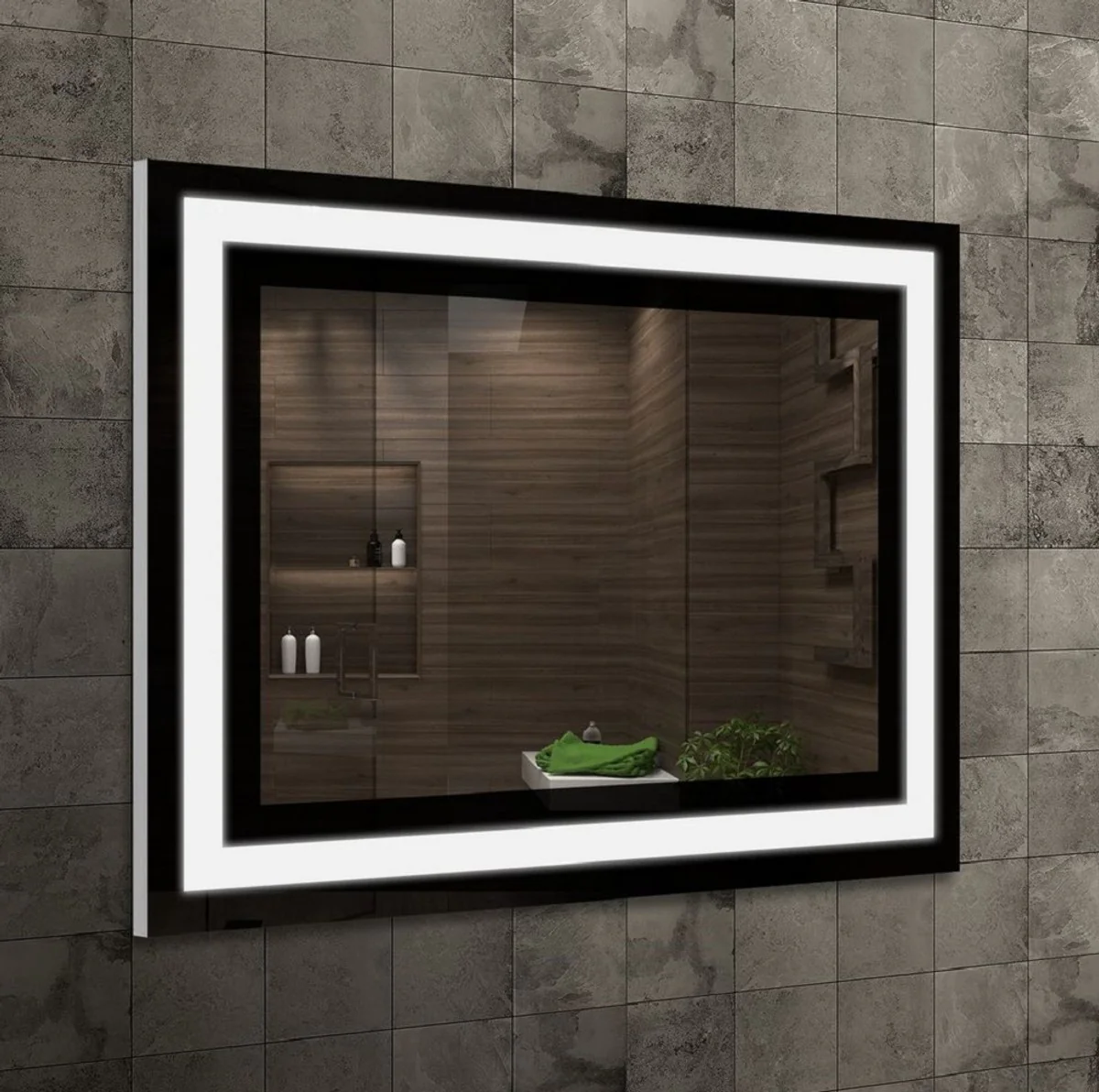 Luxury bathroom mirror black 80 x 2.8 x H. 60 cm - Rectangular wall mirror with LED lighting - Bathroom furniture - Bathroom accessories - Luxury furniture