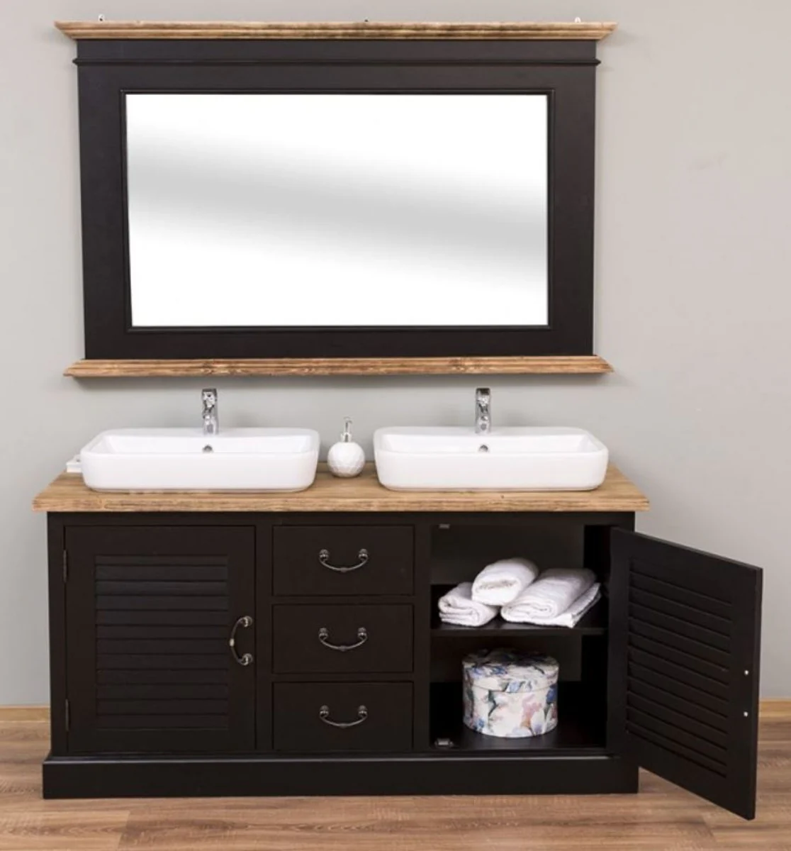 Country house style bathroom set black / natural colors - 1 double washbasin & 1 wall mirror - country house style bathroom furniture