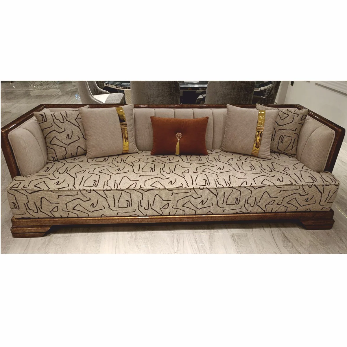 Luxury Art Deco Sofa Gray / Brown / Gold 238 cm - Living Room Furniture