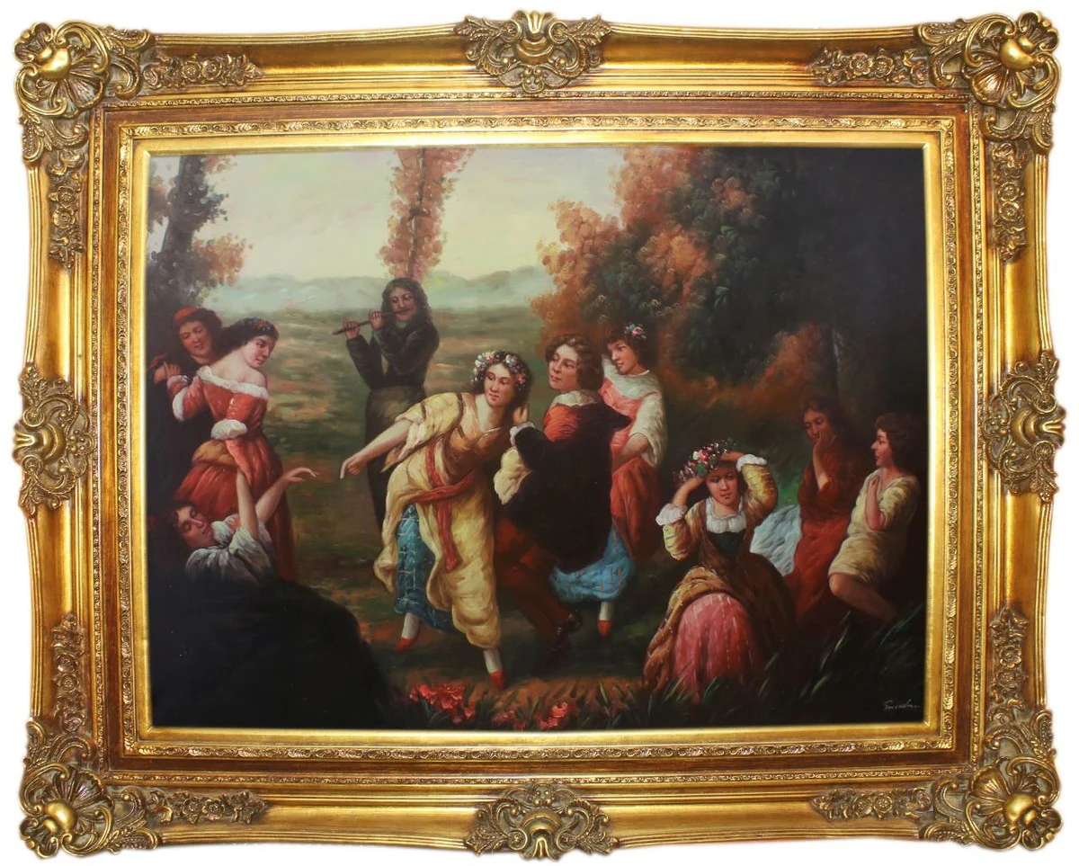 Baroque oil painting garden party multicolored / gold 160 x 10 x H. 130 cm - hand-painted painting with a magnificent frame in the baroque style - wall decoration in the baroque style