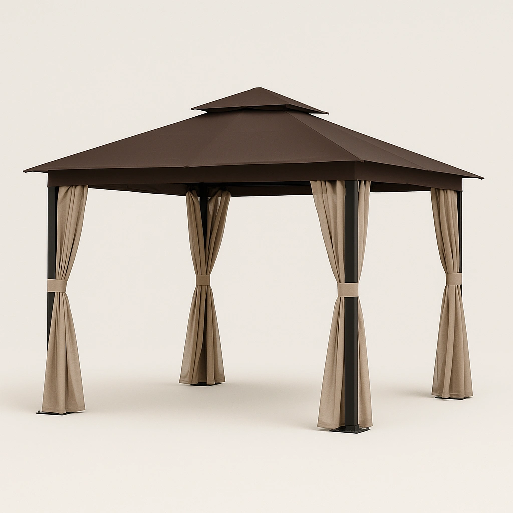 Gartenpavillon mit Satteldach und beigefarbenen Vorhängen, 3 x 2,5 x 2,8 m