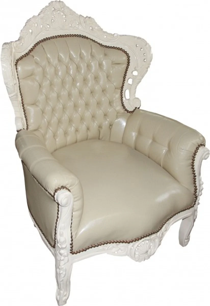 Barock Sessel King Creme / Creme Lederoptik - Antik Möbel
