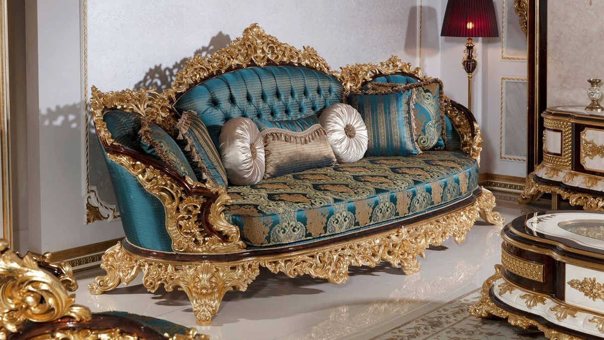Luxus Barock Wohnzimmer Set Blau / Weiß / Braun / Gold - 2 Sofas & 2 Sessel & 1 Couchtisch & 2 Beistelltische - Handgefertigte Wohnzimmer Möbel im Barockstil - Edel & Prunkvoll