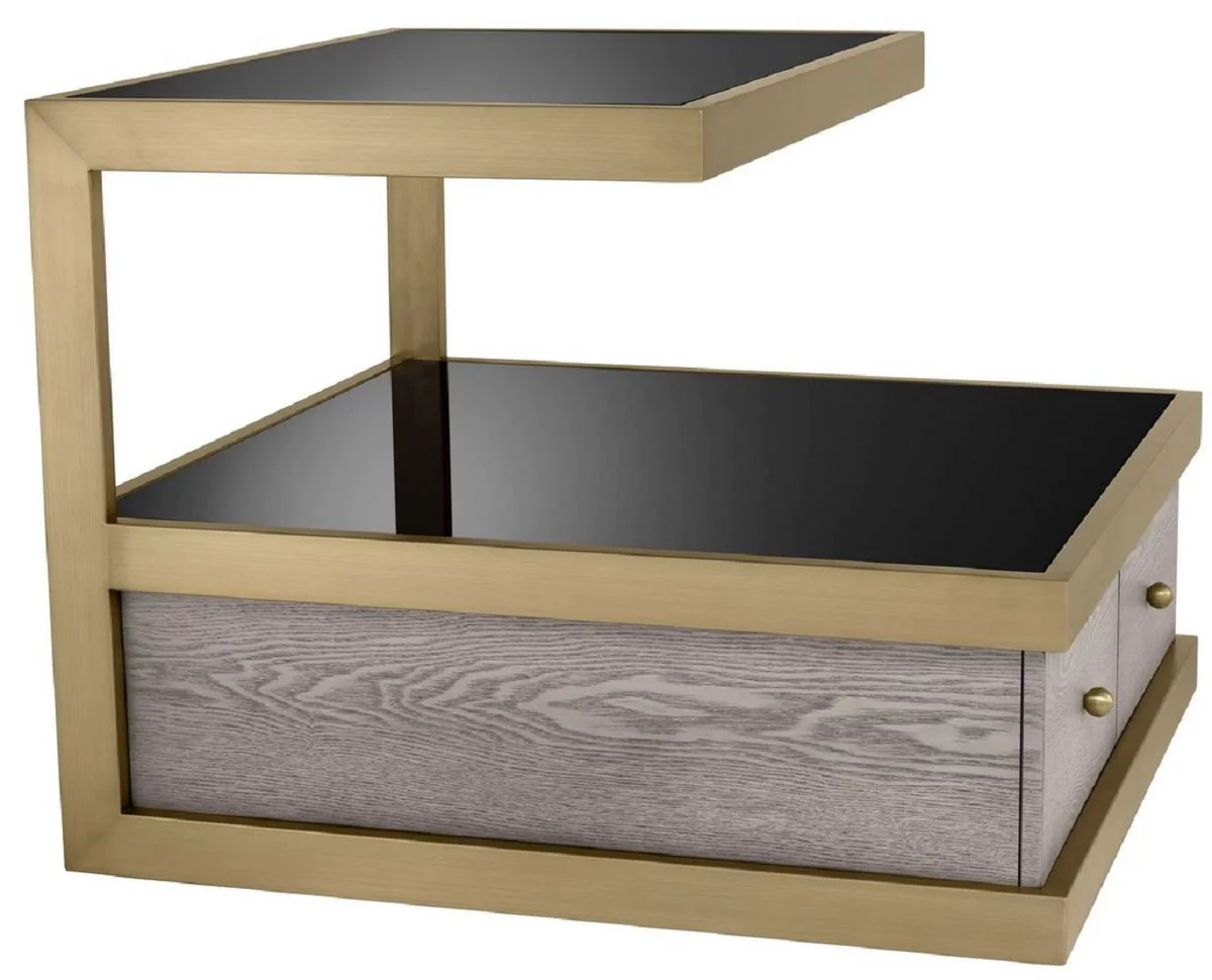 Luxury side table brass / gray / black 70 x 75 x H. 58 cm - Living room side table with 2 drawers and 2 glass plates - Living room furniture - Luxury furniture - Luxury furnishings