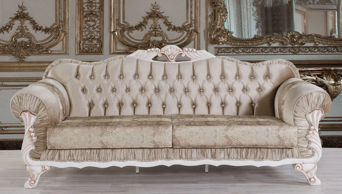 Baroque sofa brown / white / beige 230 x 84 x H. 100 cm - magnificent living room sofa with glittering stones - baroque style furniture
