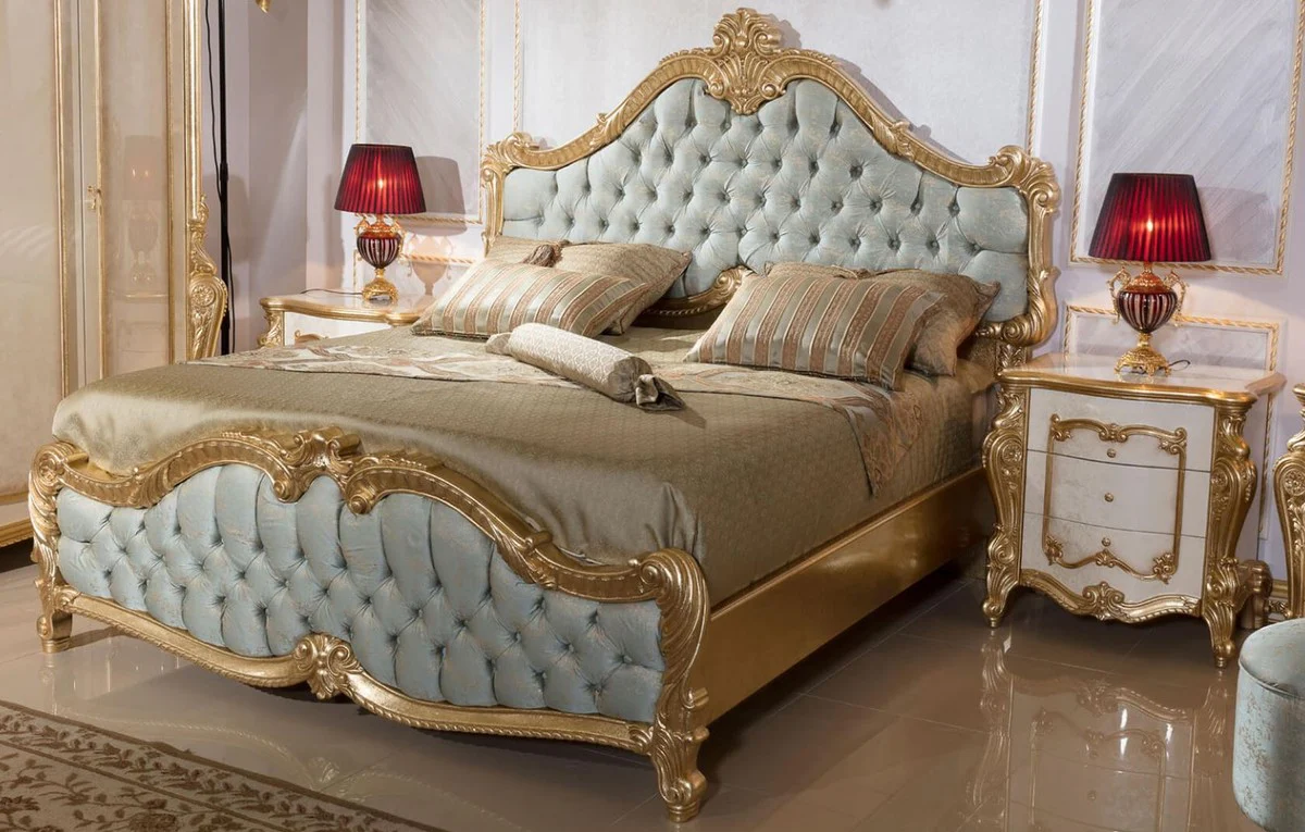 Luxury baroque bedroom set light blue / white / beige / gold - 1 double bed with headboard & 2 bedside chests - bedroom furniture in baroque style - noble and magnificent
