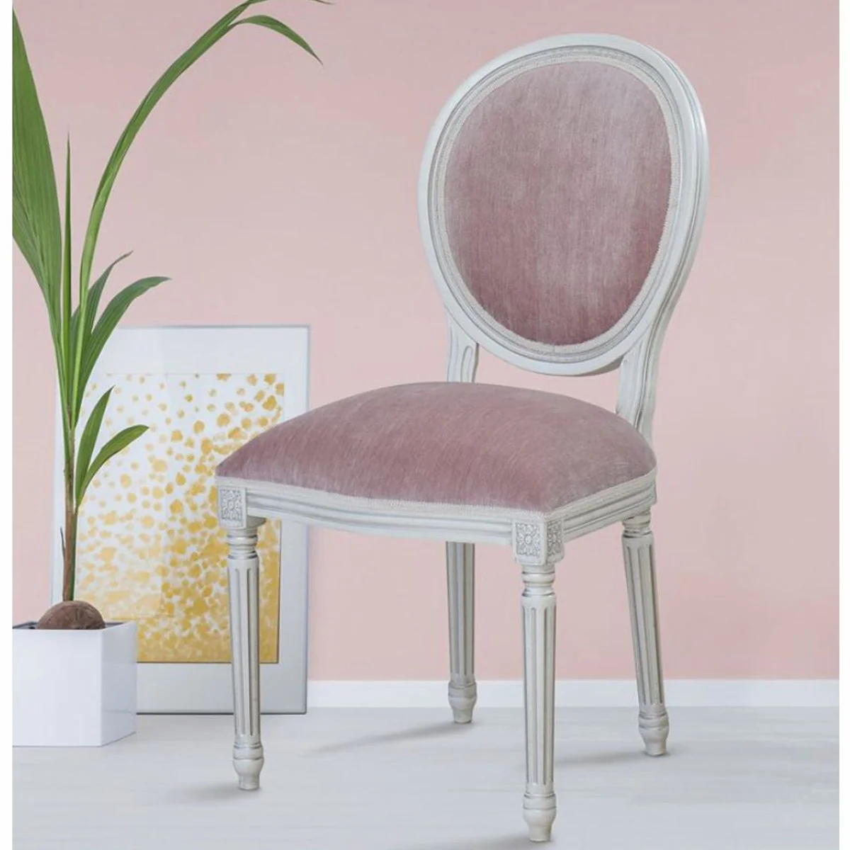 Luxury Baroque Dining Room Chair Pink / White / Silver H. 98 cm - Baroque Furniture