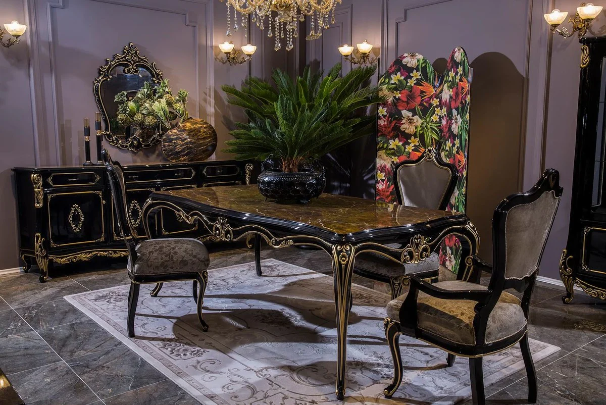 Luxury baroque dining room set silver / black / gold - 1 dining table & 6 dining chairs - Magnificent dining room furniture in the baroque style
