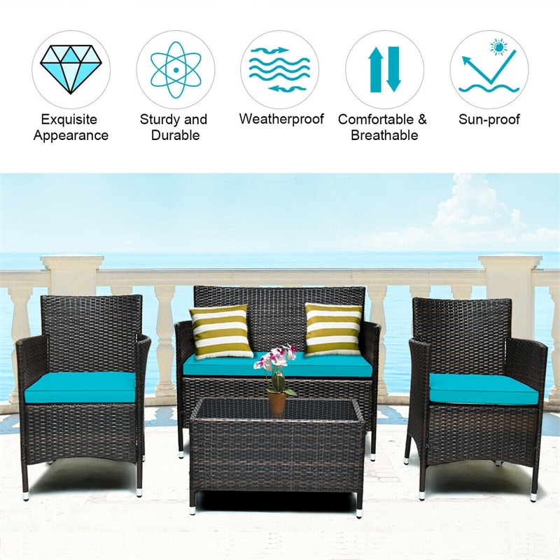 4 Pcs Outdoor Rattan Patio Conversation Set Wicker Furniture Set with Coffee Table and Cushion Sofas