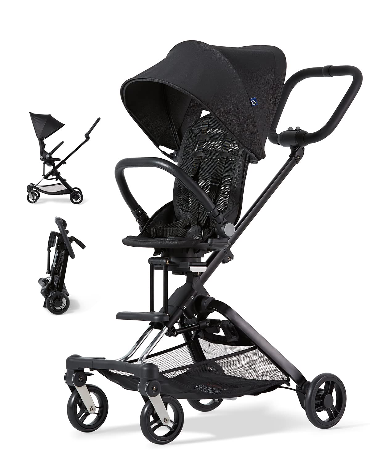 Unilove On The Go 3-in-1 Leichter Reise-Roller mit reversiblem Kleinkindersitz - Reise-Roller für Kleinkinder Aged 1-3 - Kompaktes Baby-Roller für Reisen - Faltbar, robust, Safe - Mitternacht Schwarz