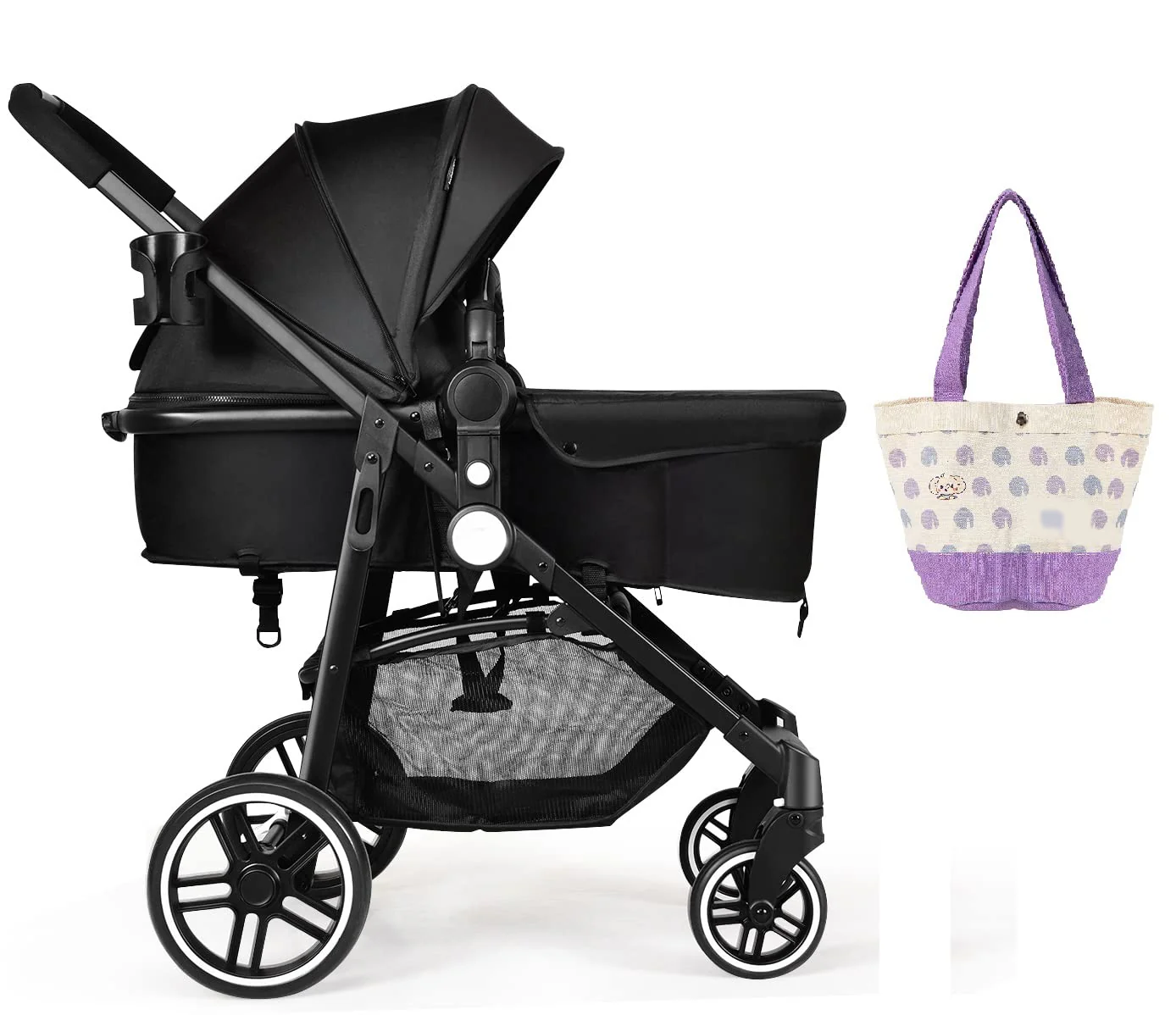 Kinderwagen, Hochformat-Kinderwagen und umkehrbarer Stubenwagen, faltbarer Kinderwagen mit verstellbarem Verdeck, Getränkehalter, Aufbewahrungskorb, gefederten Rädern (schwarz)