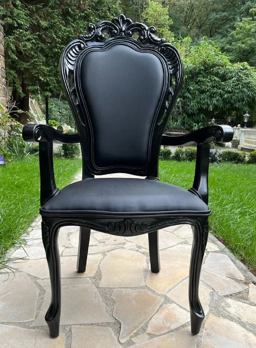 Luxury Baroque Dining Room Chair Black - Handcrafted Antique Style Chair with Armrests and Fine Faux Leather - Dining Room Furniture in Baroque Style - Noble & Magnificent