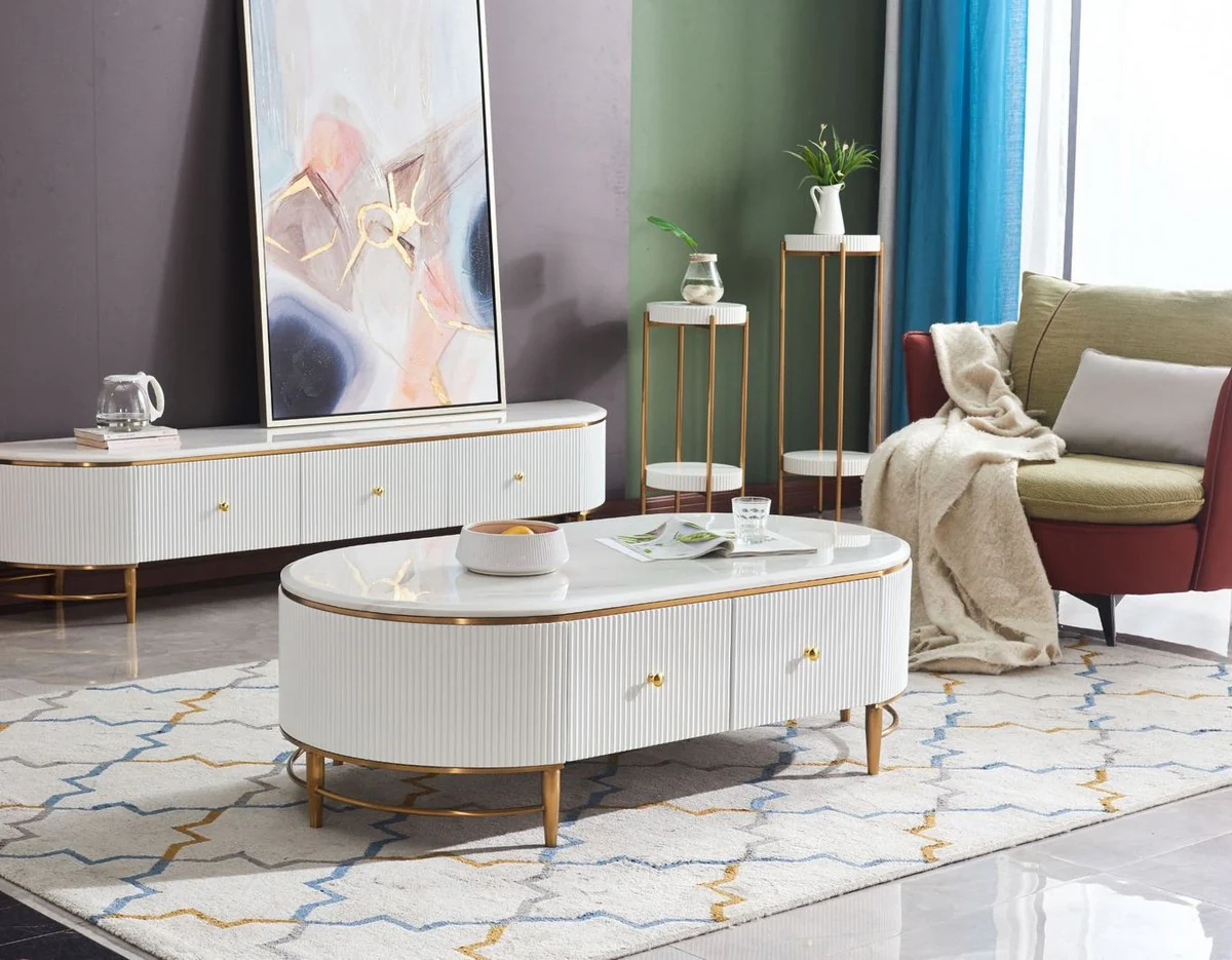 Luxury coffee table white / brass / gold 130 x 70 x H. 42 cm - Modern living room table with 4 drawers - Modern living room furniture