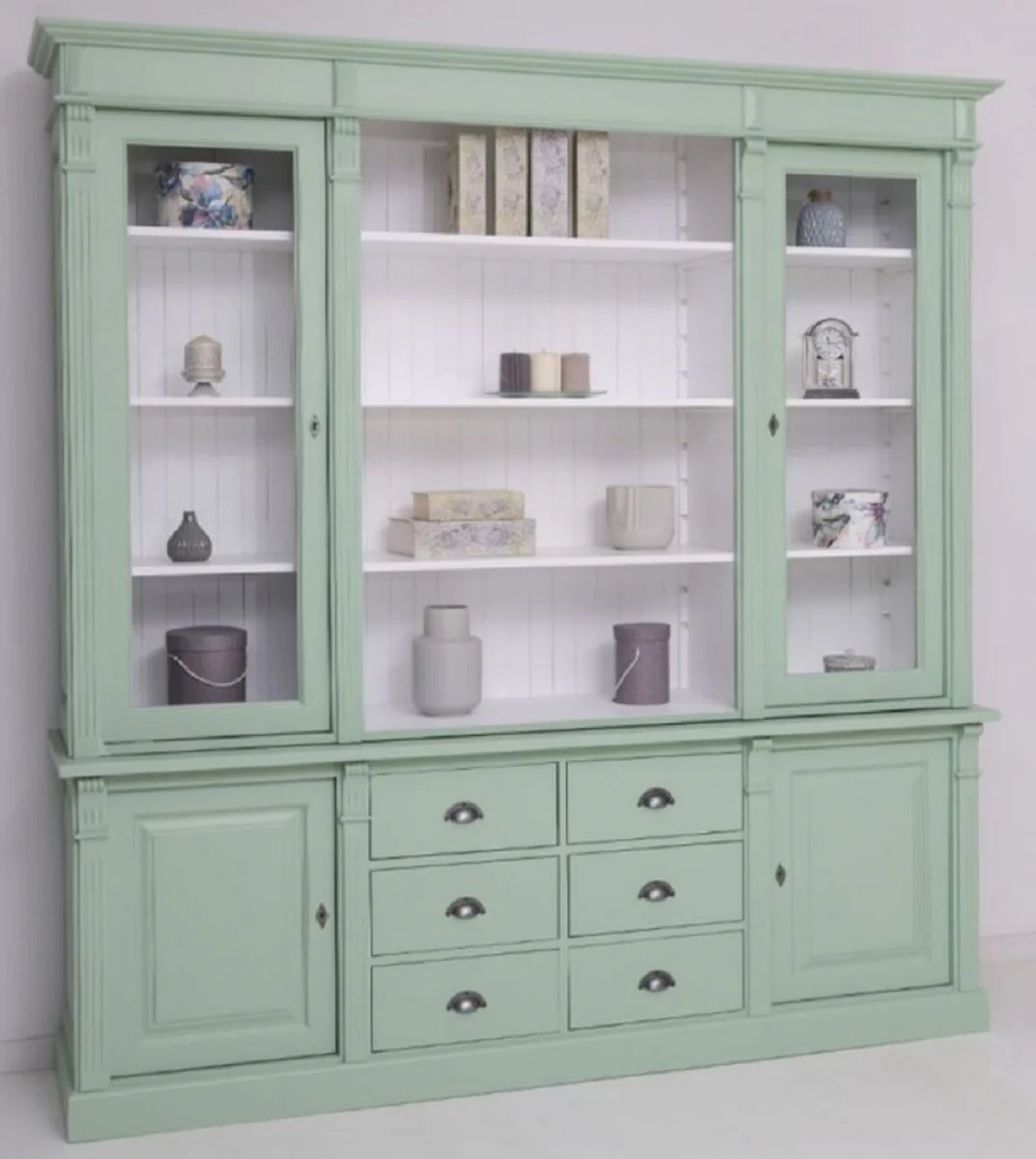 Country house style dining room cabinet light green / white 223 x 51 x H. 228 cm - solid wood cabinet - kitchen cabinet - country house style dining room furniture