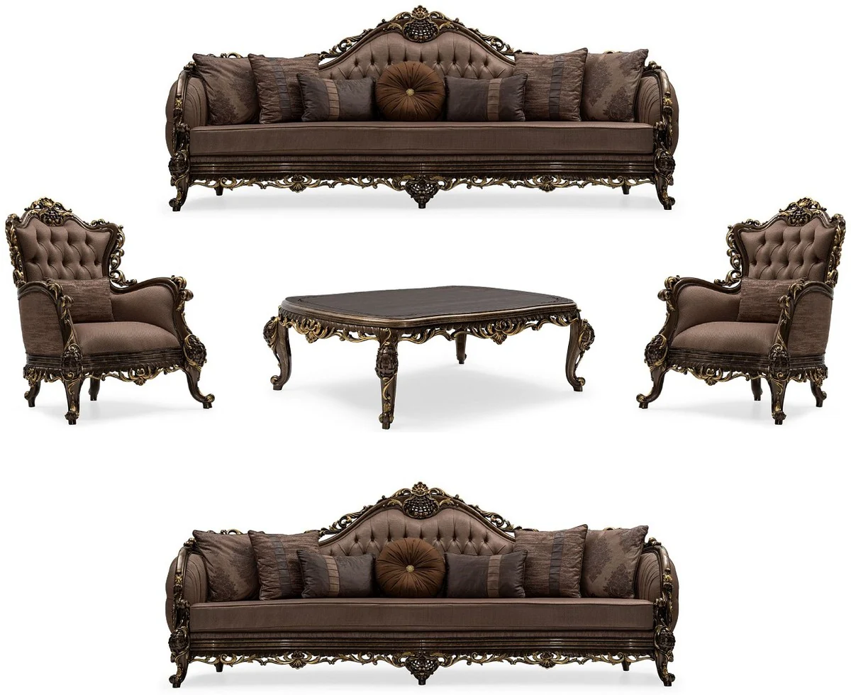 Luxus Barock Wohnzimmer Set Grau / Braun / Gold - 2 Barock Sofas & 2 Barock Sessel & 1 Barock Couchtisch - Luxus Wohnzimmer Möbel im Barockstil - Barock Möbel - Edel & Prunkvoll