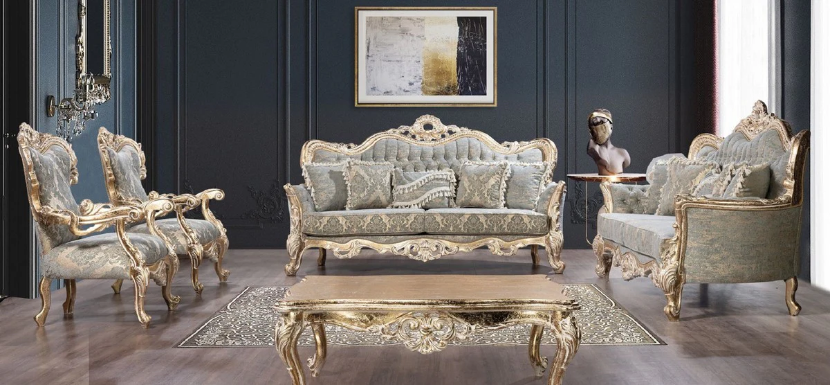 Luxus Barock Wohnzimmer Set Grün / Antik Gold - 2 Barock Sofas & 2 Barock Sessel & 1 Barock Couchtisch - Luxus Wohnzimmer Möbel im Barockstil - Barock Möbel