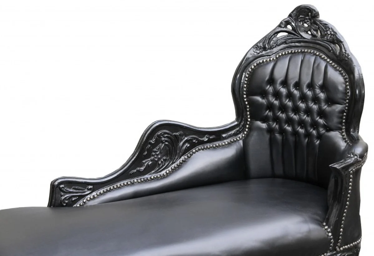 Baroque Chaise Longue Black / Black Leather Look - Baroque Furniture Lounger Recamiere