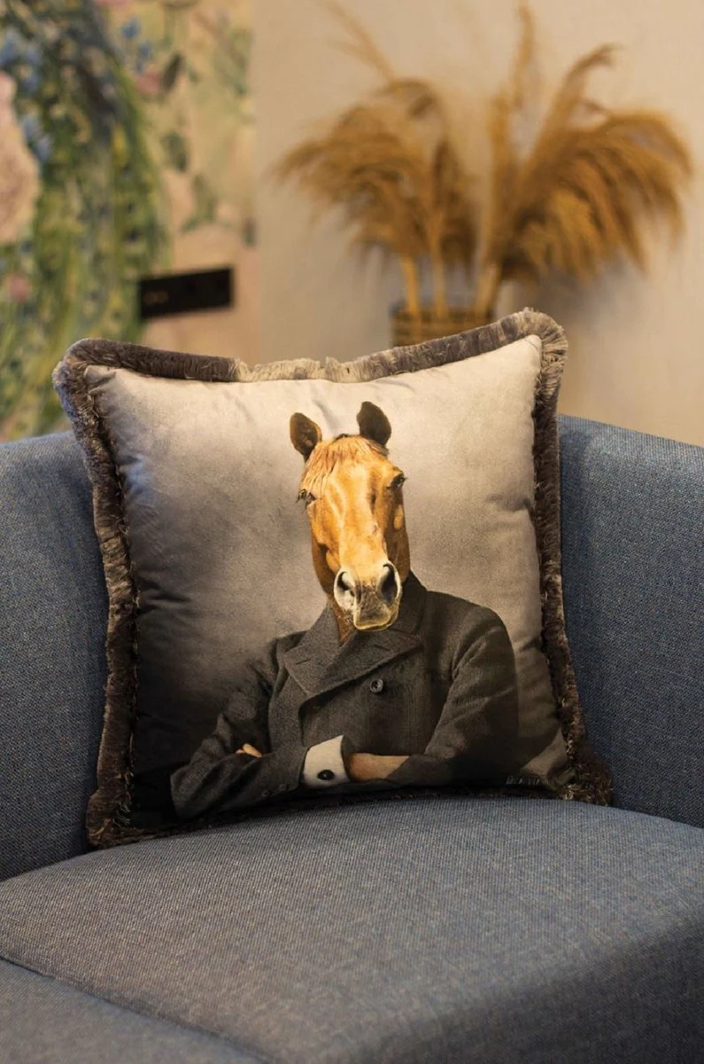 Luxury decorative cushion gentleman horse multicolored 45 x 45 cm - printed velvet cushion with fringes - luxury decorative accessories