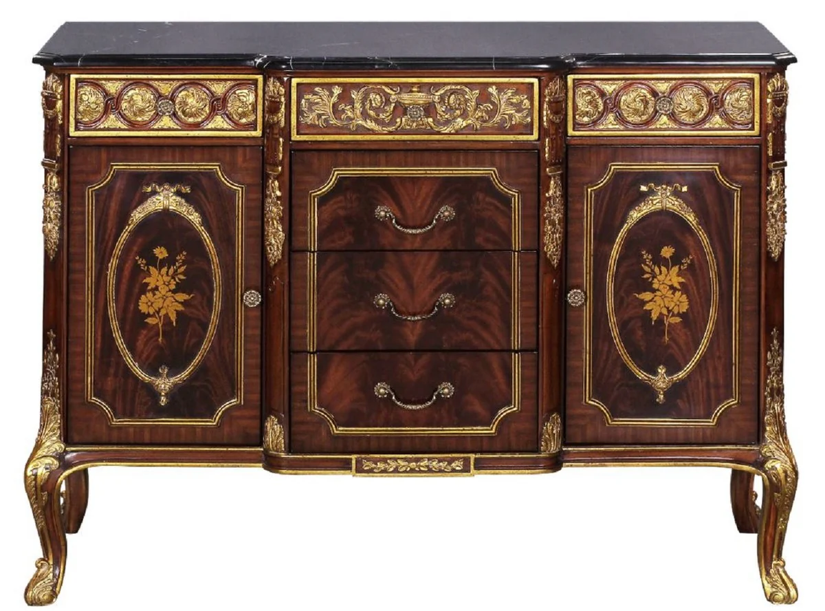 Luxury baroque solid wood chest of drawers with marble top dark brown / gold / black - magnificent baroque furniture