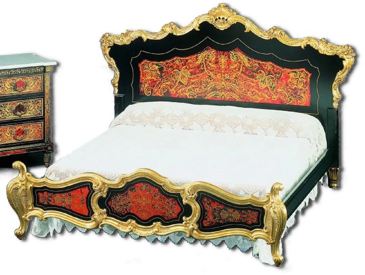 Luxury Baroque Boulle double bed black / red / gold 225 x 230 x H. 150 cm - magnificent solid wood bed with headboard - noble baroque bedroom furniture