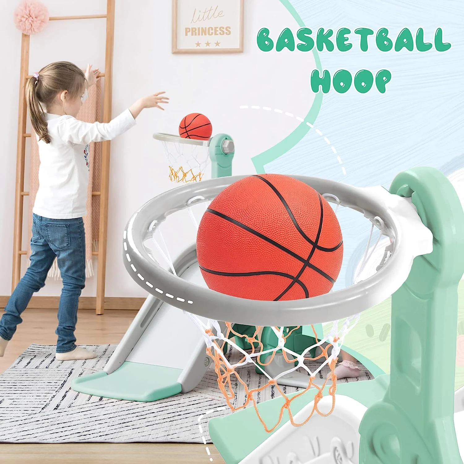Merax 4-in-1-Rutsche für Kleinkinder, Indoor-Rutsche und Schaukel-Set für Kinder, freistehende Outdoor-Rutsche mit Basketballkorb (grüne Schaukelrutsche)