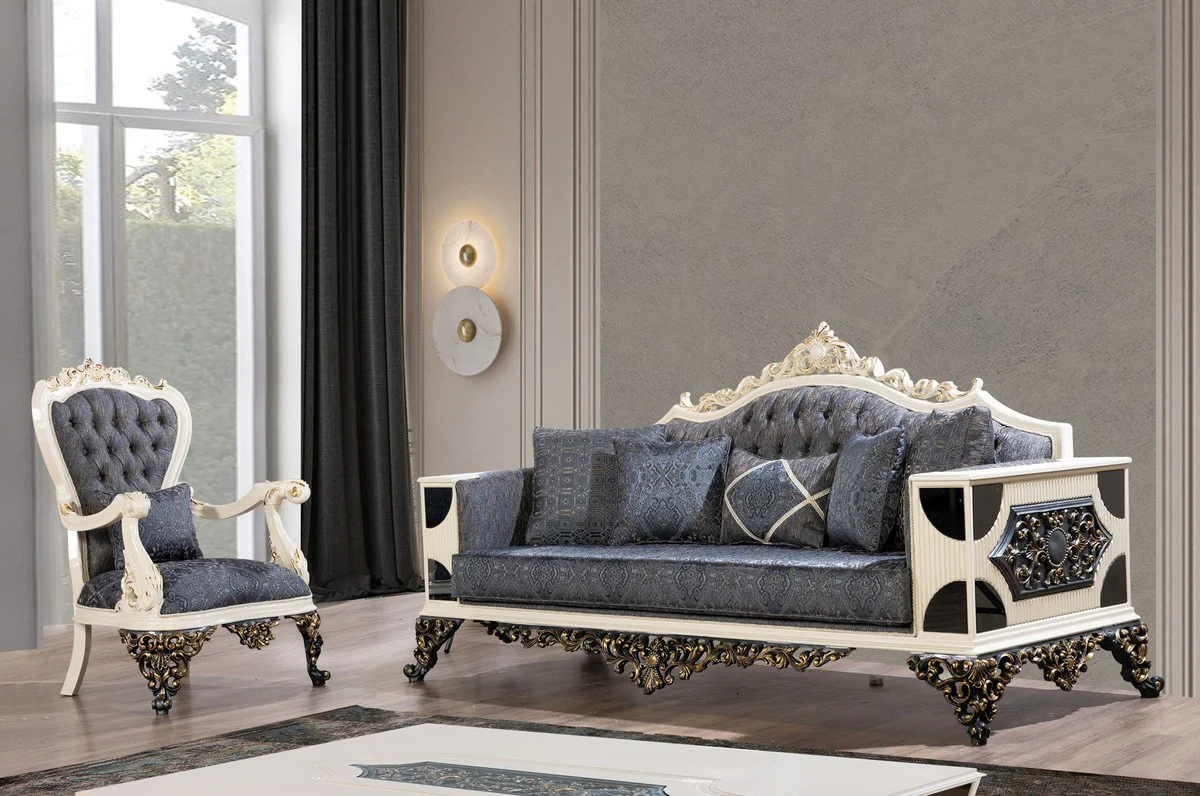 Luxury baroque sofa blue / white / black / gold - baroque style living room sofa with elegant pattern - luxury living room furniture in baroque style - baroque furniture - baroque furnishings