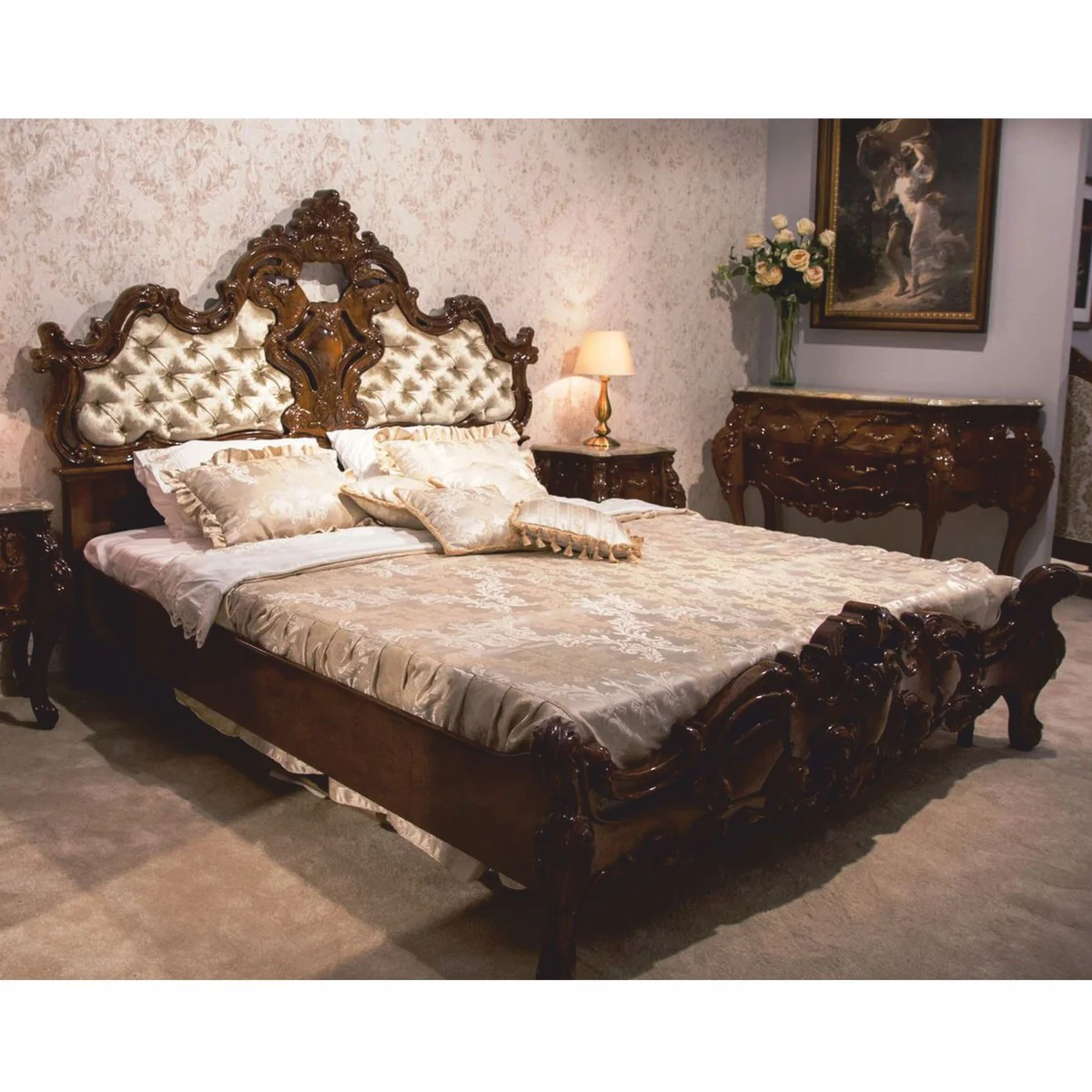 Luxury Baroque Double Bed Dark Brown / Gold - Baroque Bedroom Furniture