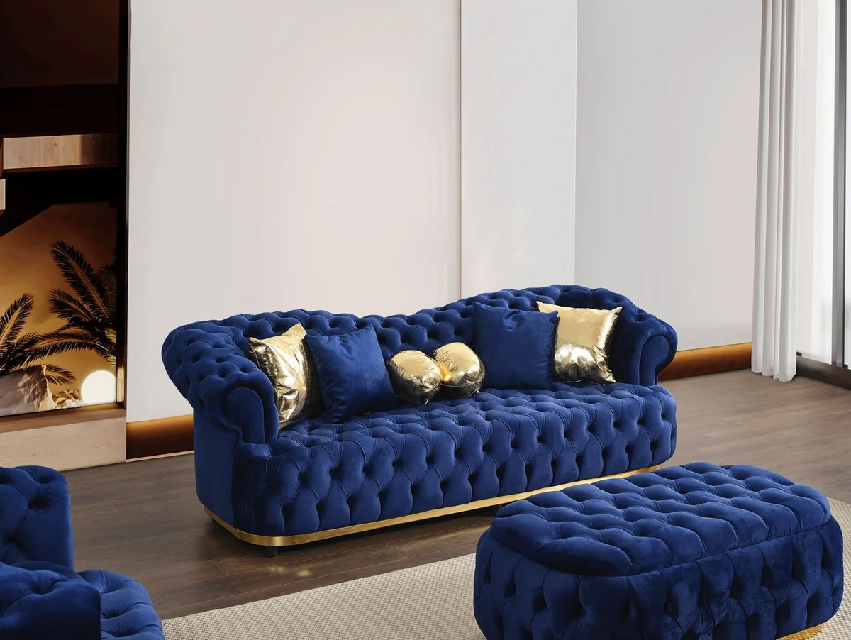 Luxury Chesterfield Velvet Sofa Blue / Gold / Black 240 cm