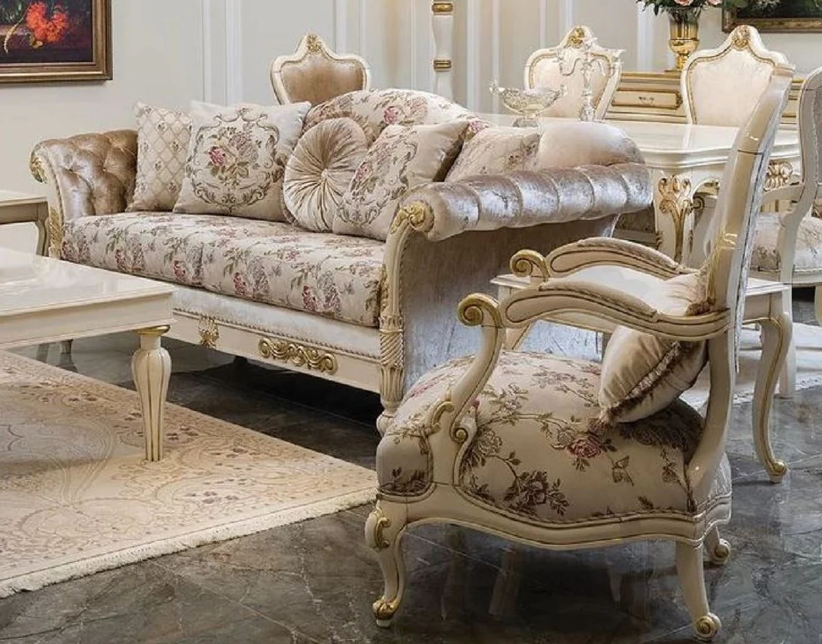 Luxus Barock Wohnzimmer Set Creme / Rosa / Weiß / Gold - 2 Sofas & 2 Sessel - Handgefertigte Wohnzimmer Möbel im Barockstil - Edel & Prunkvoll