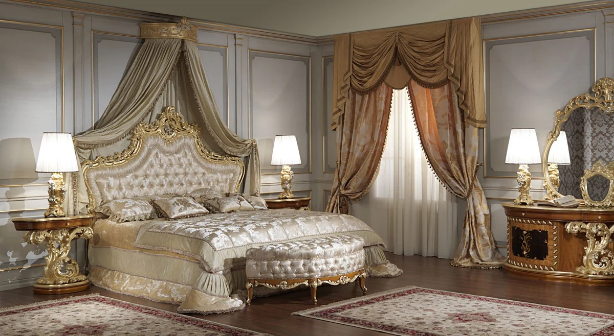 Luxury Baroque bedroom set - 1 double bed with headboard & 1 canopy & 2 bedside tables & 1 bench - Baroque bedroom furniture - Baroque hotel furniture - Noble & magnificent