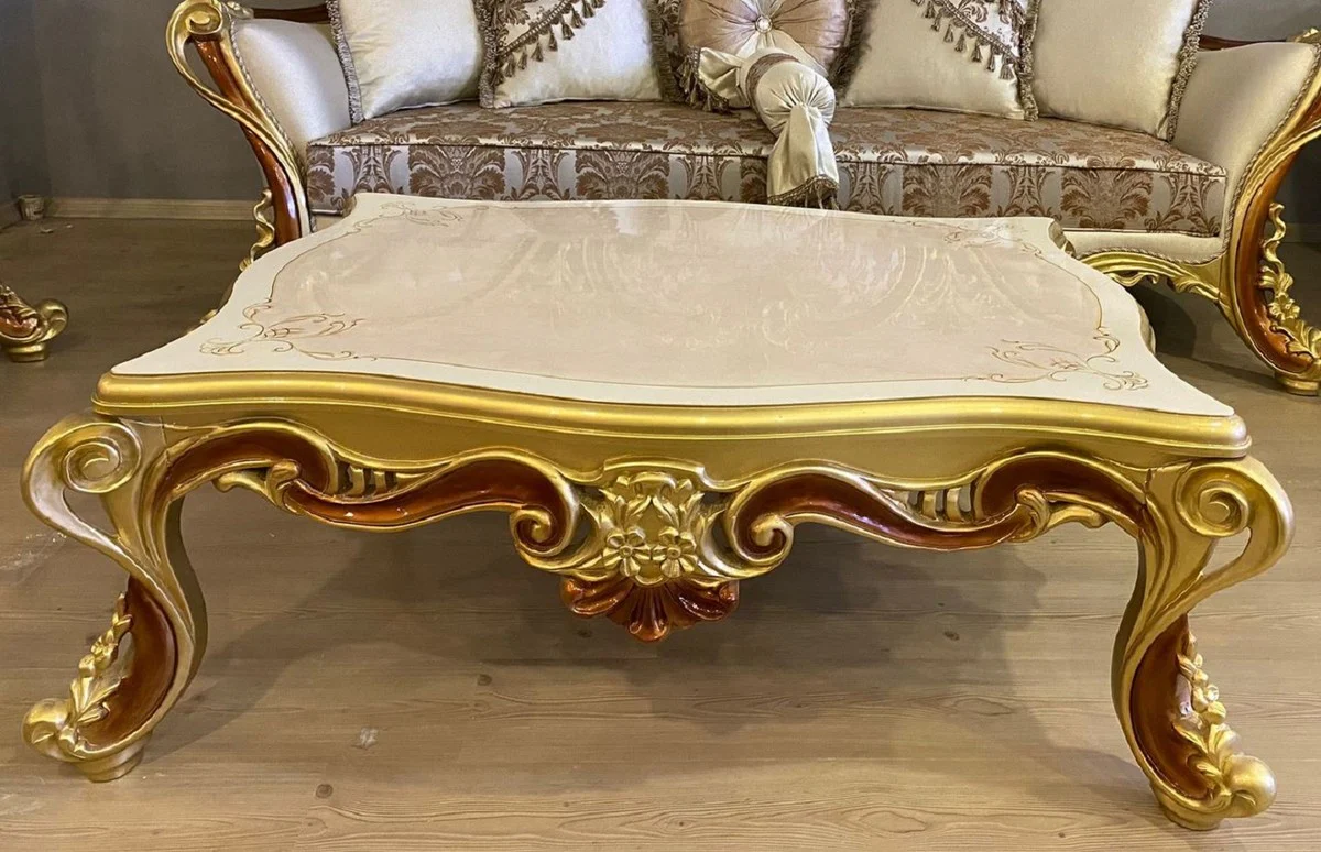 Luxus Barock Wohnzimmer Set Creme / Silber / Gold / Braun - 2 Barock Sofas & 2 Barock Sessel & 1 Barock Couchtisch - Luxus Wohnzimmer Möbel im Barockstil - Barock Möbel