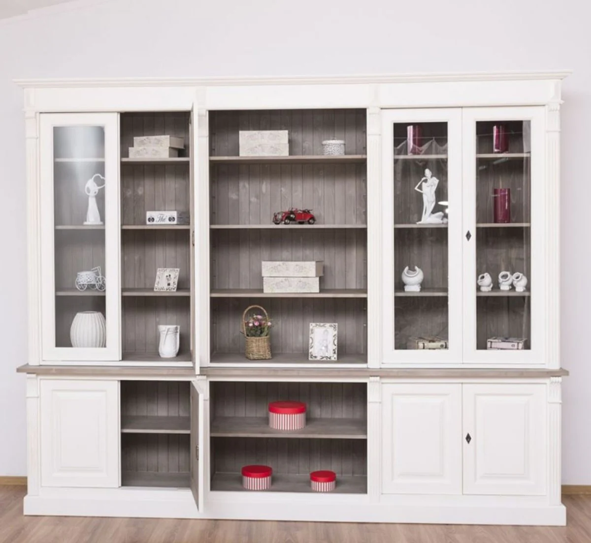 Country house style bookcase white / brown gray 286 x 51 x H. 228 cm - solid wood cupboard - living room cupboard - office cupboard - country house style furniture